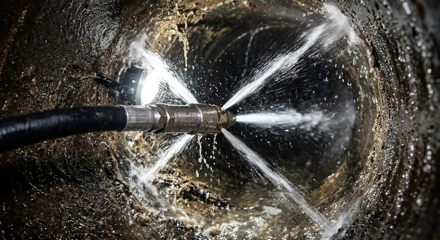 High-pressure hydro jetting nozzle cleaning sewer pipe for Trenchless Sewer Repair in Polson