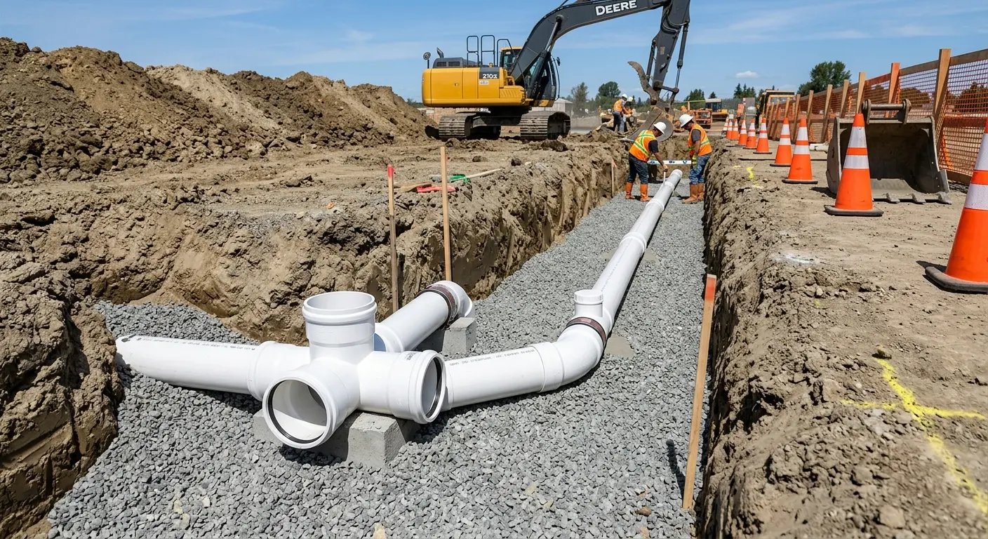 New PVC sewer pipe installation in open trench for Commercial Drain Cleaning in Polson