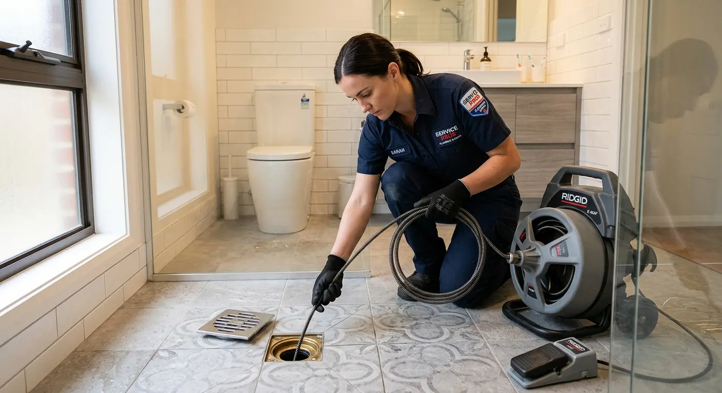 Technician clearing a bathroom floor drain for Clogged Drain Repair in Polson